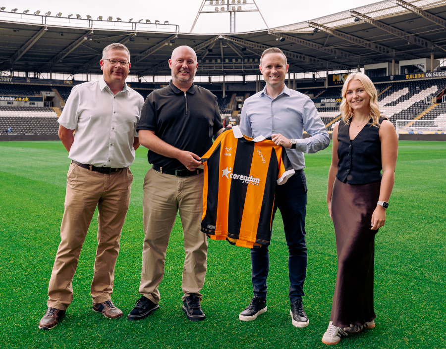 Hull City AFC platinum partnership announcement with sponsors, PrimaryTech, at MKM Stadium for 2026/27 season, featuring Darren Sunley, Mike Corlyon, Lucy Wilson, and Leon Sewell.