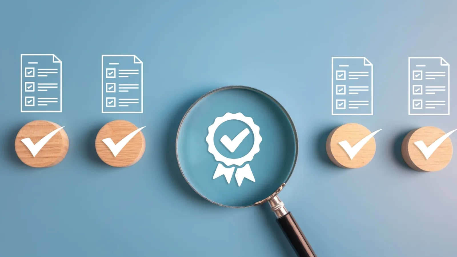 A magnifying glass highlighting a certification badge among a row of ticked compliance checklist icons