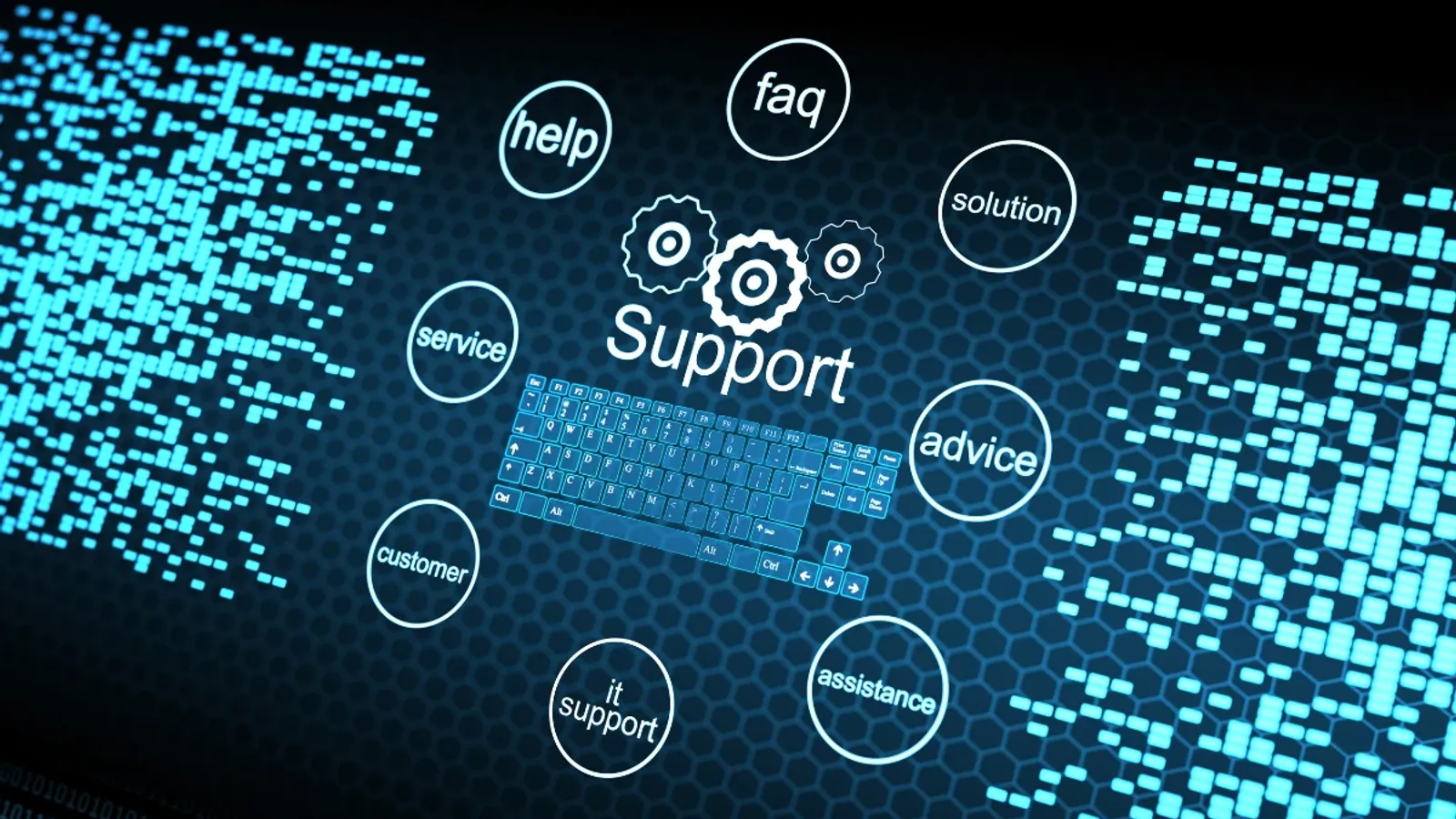 Digital network graphic with a keyboard surrounded by circular labels reading help, faq, solution, advice, service, customer, IT support, and assistance